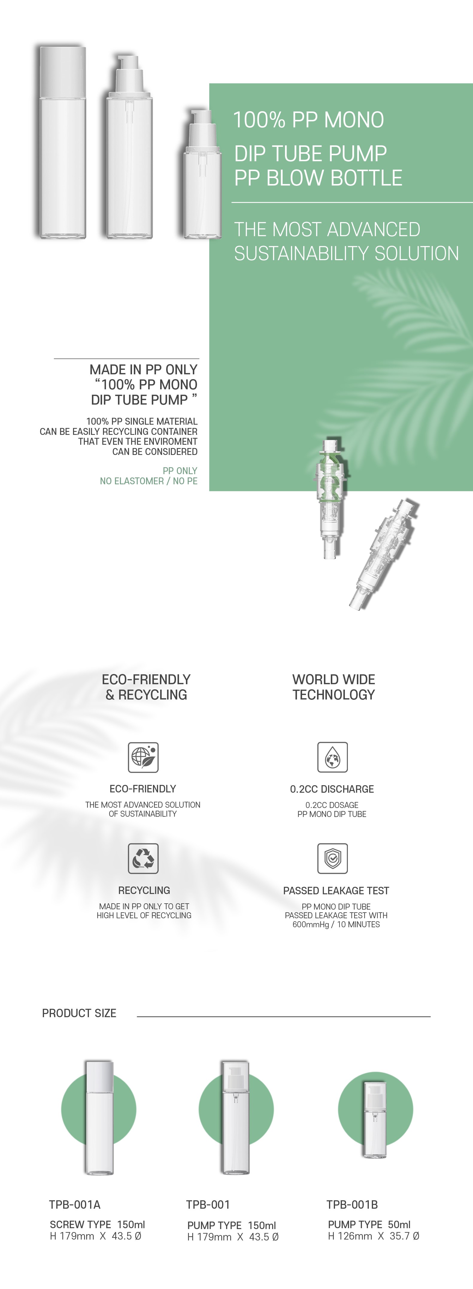 100% PP Mono Dip Tube Pump PP Blow Bottle (Pump Type 50ml)