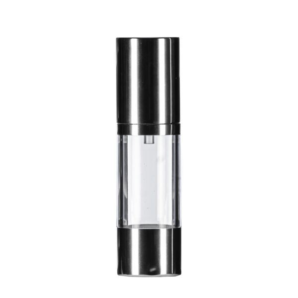30ml Clear Airless Bottle, Gloss Silver Base & 30/50ml Airless Pump with Gloss Silver Overcap, Collar & White Actuator