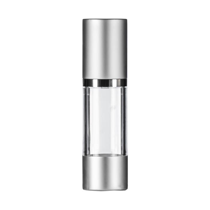 50ml Clear Airless Bottle, Gloss Silver Base & 30/50ml Airless Pump with Gloss Silver Overcap, Collar & White Actuator
