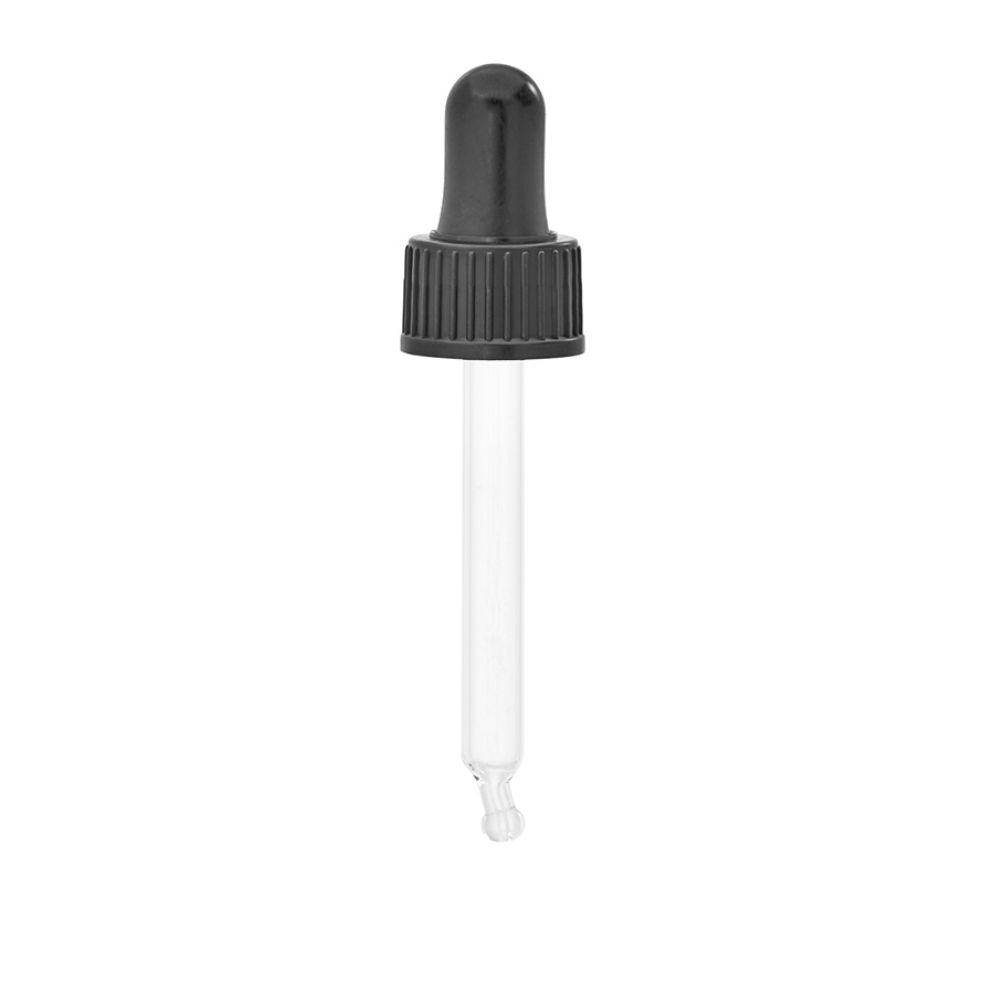 DIN/18mm Glass Pipette, Black Natural Teat & Black Cap to fit 20ml Glass Dropper