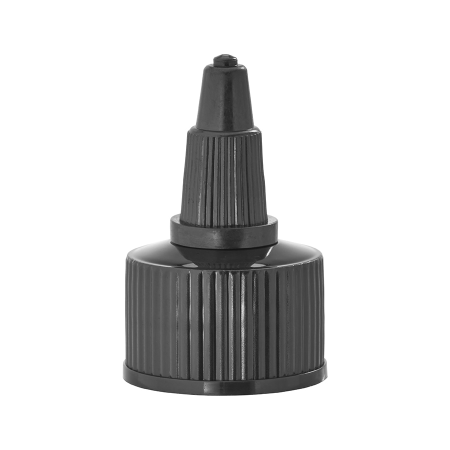 24mm/410 Black Ribbed Twist Open Close Nozzle Cap with Bore Seal