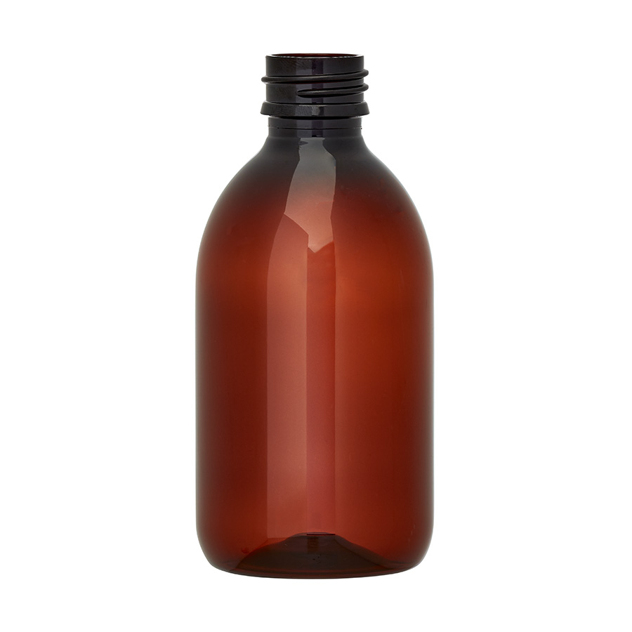 250ml Amber PET Alpha Bottle with 28mm ROPP Neck
