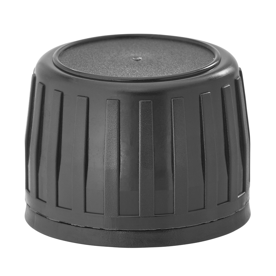 28mm Black Ribbed Tamper Evident Cap with Single Hole Plug for Glass