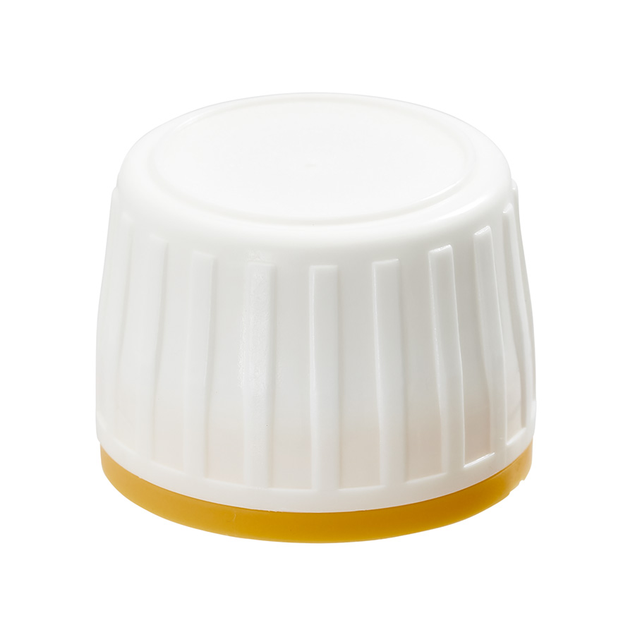 28mm White Ribbed Tamper Evident Cap with Yellow Band and Polycone Insert for Glass
