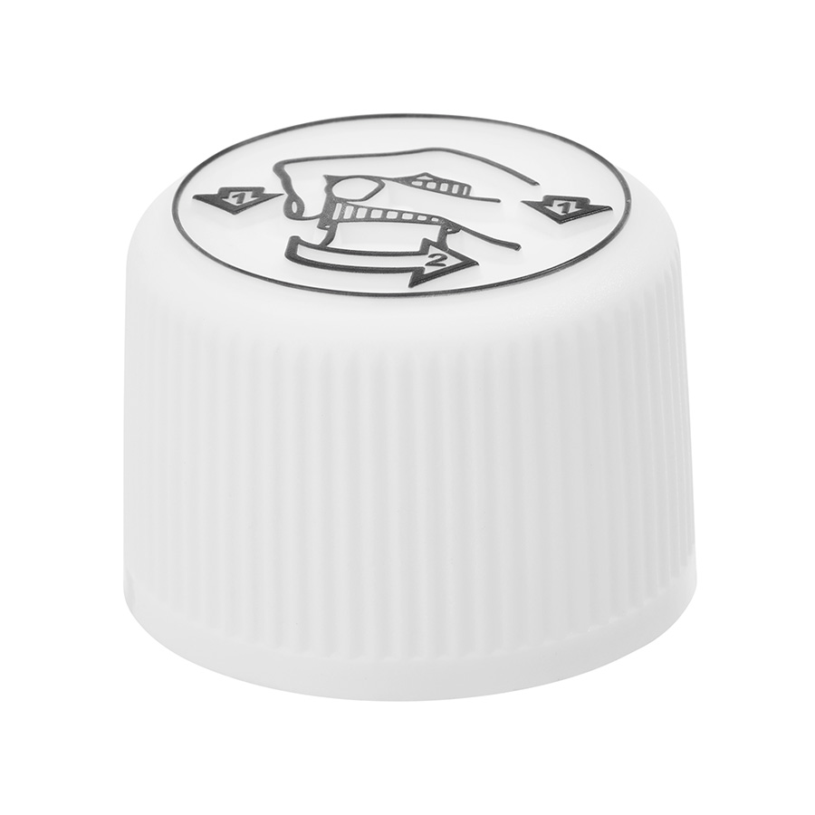 28mm White Ribbed Child Resistant Cap with EPE Saranex Liner