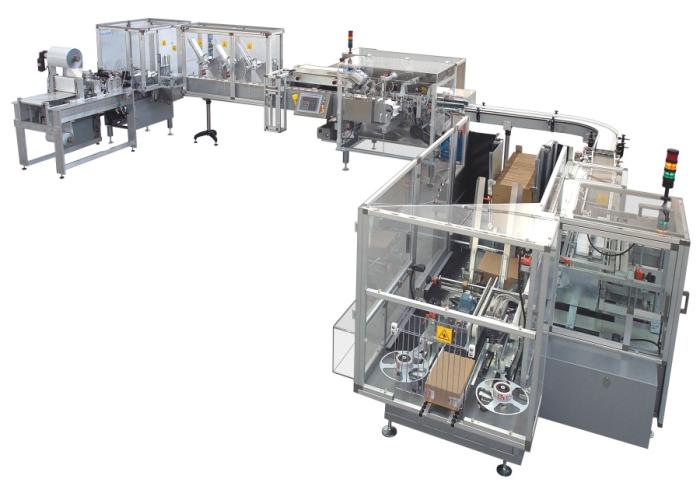 Pouch filling and packaging line