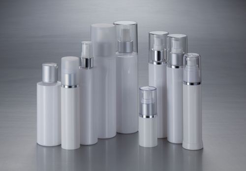 Plastic bottles, white bottoms and silver tops