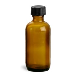 2 oz Amber Glass Round Bottles w/ Black Phenolic Cone Lined Caps