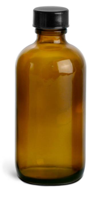 4 oz Amber Glass Round Bottles w/ Black Cone Lined Caps