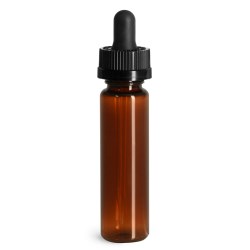 1 oz Plastic Bottles, Amber PET Slim Line Cylinders w/ Black Child Resistant Glass Droppers