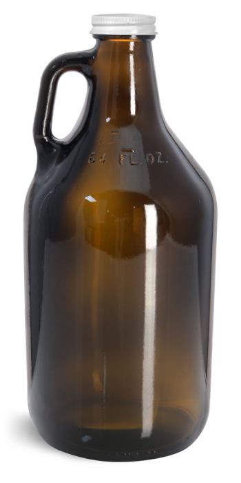 64 oz Amber Glass Handle Jugs w/ White Metal Lined Caps