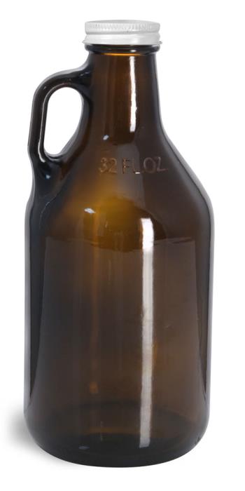 32 oz Amber Glass Handle Jugs w/ White Metal Lined Caps