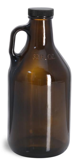 32 oz Glass Bottles, Amber Glass Handle Jugs w/ Black Ribbed Lined Caps