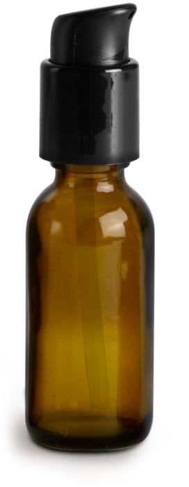 1 oz Amber Glass Bottles, Boston Round Bottles w/ Black Treatment Pumps
