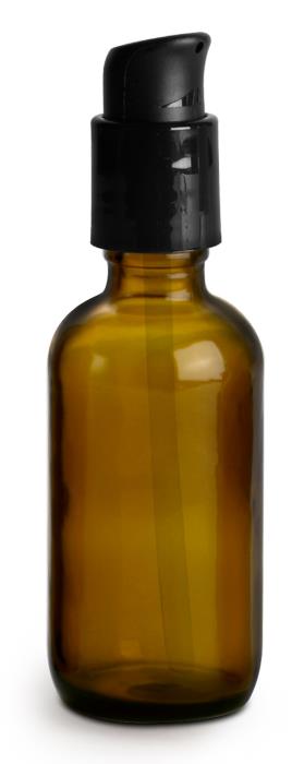 2 oz Amber Glass Bottles, Boston Round Bottles w/ Black Treatment Pumps