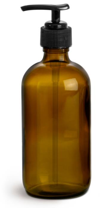8 oz Amber Glass Bottles, Boston Round Bottles w/ Black Lotion Pumps