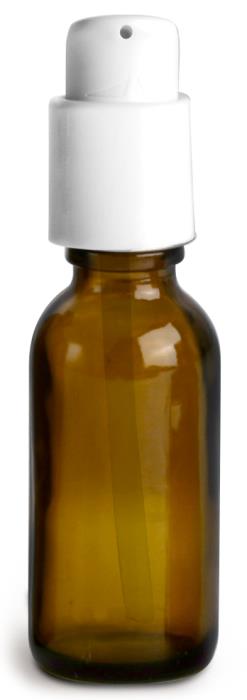 1 oz Amber Glass Boston Round Bottles w/ White Treatment Pumps