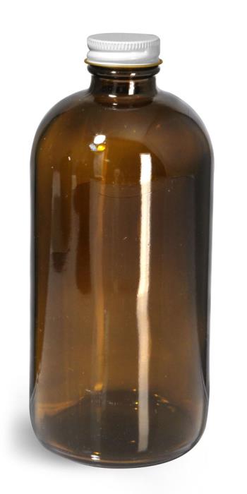 16 oz Glass Bottles, Amber Glass Round Bottles w/ White Metal Plastisol Lined Caps