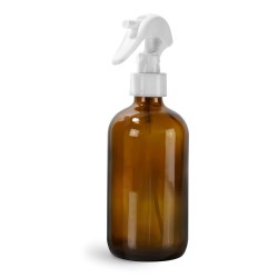 8 oz Amber Glass Boston Round Bottles w/ White Polypropylene Mini Trigger Sprayers