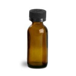 1 oz Glass Bottles, Amber Glass Boston Rounds w/ Black Child Resistant Lined Caps