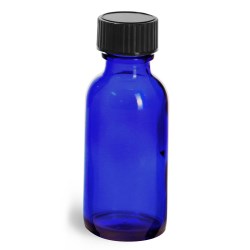 1 oz  Blue Glass Round Bottles w/ Black Phenolic Cone Lined Caps