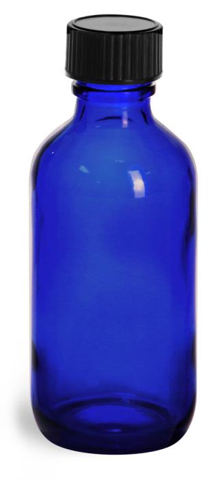 2 oz Blue Glass Round Bottles w/ Black Phenolic Cone Lined Caps