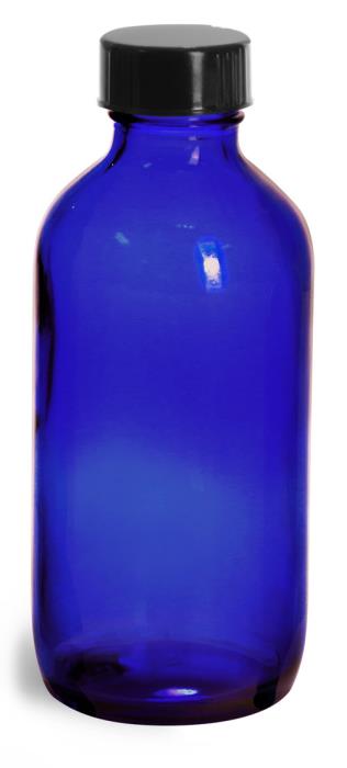 4 oz Blue Glass Round Bottles w/ Black Phenolic Cone Lined Caps