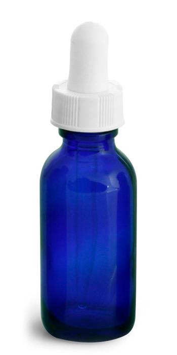 1 oz Blue Glass Round Bottles w/ White Bulb Glass Droppers