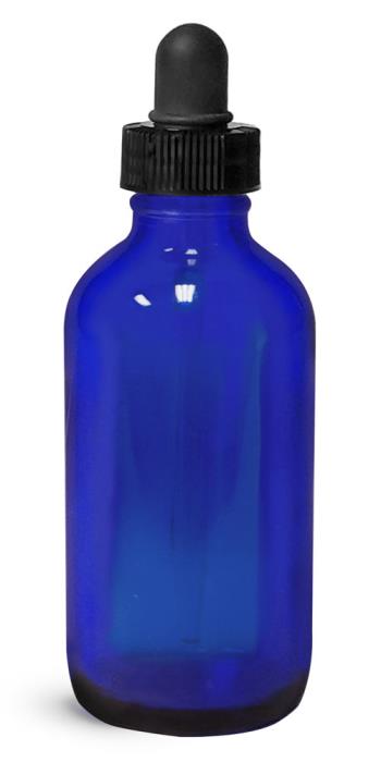 4 oz Blue Glass Boston Round w/ Black Bulb Glass Droppers