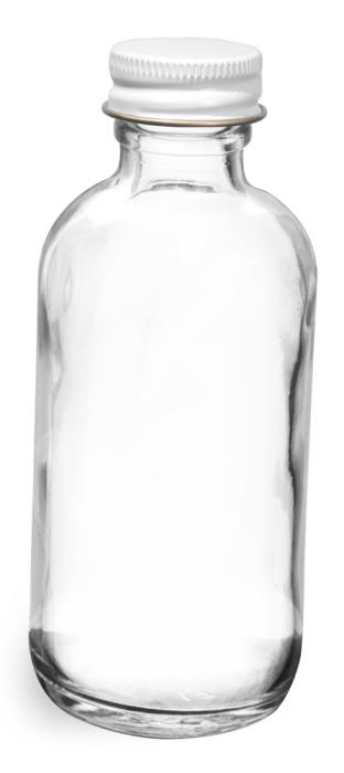 2 oz Clear Glass Round Bottles w/ Foil Lined White Metal Caps