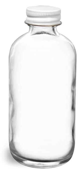 4 oz Clear Glass Round Bottles w/ Foil Lined White Metal Caps