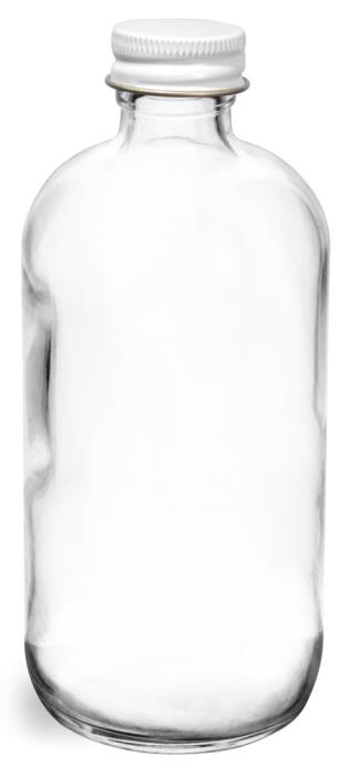 8 oz Clear Glass Round Bottles w/ Foil Lined White Metal Caps