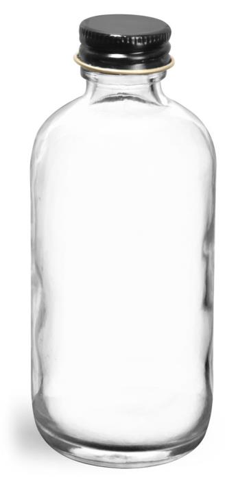 4 oz Clear Glass Round Bottles w/ Foil Lined Black Metal Caps