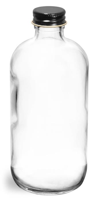 8 oz Clear Glass Round Bottles w/ Foil Lined Black Metal Caps