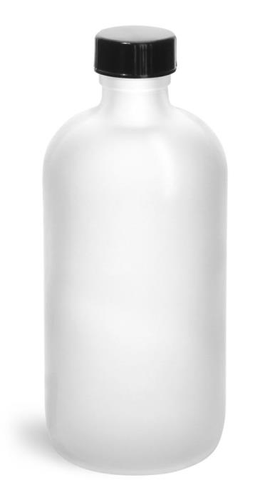 8 oz Frosted Glass Round Bottles w/ Black Phenolic Cone Lined Caps
