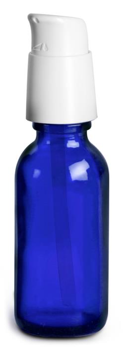 1 oz Blue Glass Boston Round Bottles w/ White Treatment Pumps