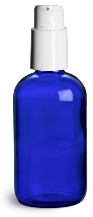 4 oz Blue Glass Boston Round Bottles w/ White Treatment Pumps