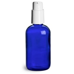 4 oz Blue Glass Boston Round Bottles w/ White Treatment Pumps