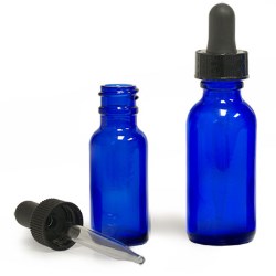 1 oz Blue Glass Round Bottles w/ Black Bulb Glass Droppers
