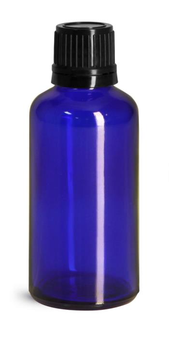 50 ml Blue Glass Euro Dropper Bottles w/ Black Tamper Evident Caps & Orifice Reducers