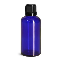50 ml Blue Glass Euro Dropper Bottles w/ Black Tamper Evident Caps & Orifice Reducers