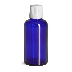 50 ml Blue Glass Euro Dropper Bottles w/ White Tamper Evident Caps and Orifice Reducers