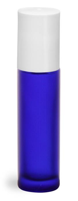 .35 oz Blue Frosted Glass Roll On Containers w/ Ball and White Caps