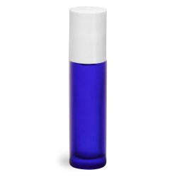 .35 oz Blue Frosted Glass Roll On Containers w/ Ball and White Caps