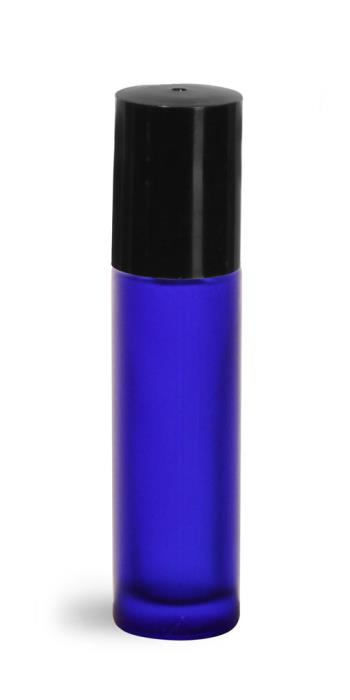.35 oz Blue Frosted Glass Roll On Containers w/ Ball and Black Caps
