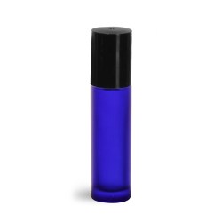 .35 oz Blue Frosted Glass Roll On Containers w/ Ball and Black Caps