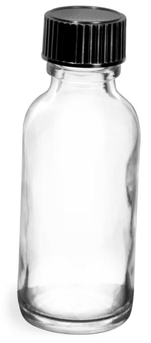 1 oz Clear Glass Round Bottles w/ Black Phenolic Cone Lined Caps