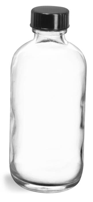 4 oz Clear Glass Round Bottles w/ Black Phenolic Cone Lined Caps