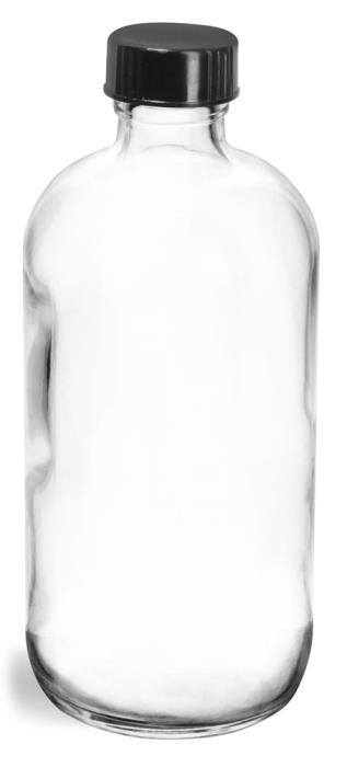 8 oz Clear Glass Round Bottles w/ Black Phenolic Cone Lined Caps