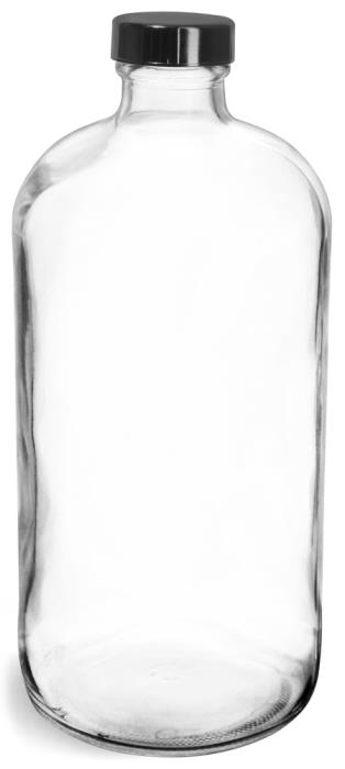 32 oz Clear Glass Round Bottles w/ Black Phenolic Cone Lined Caps